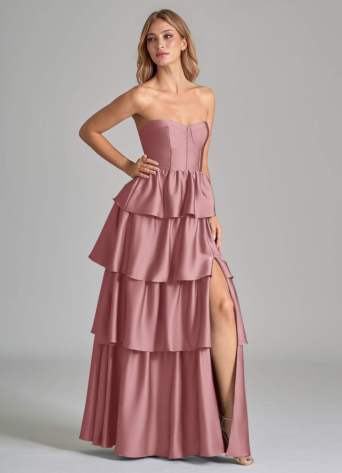 Azazie Faye Bridesmaid Dresses Dusty Rose A-Line Ruched Stretch Satin Dress image1