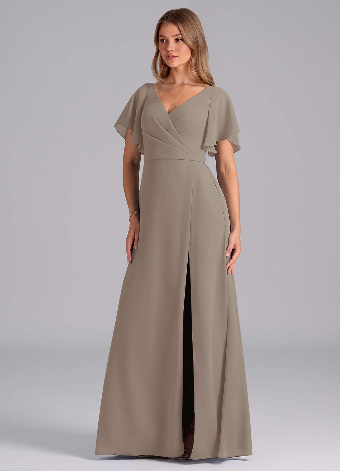Azazie Ambrosia Bridesmaid Dresses Taupe A-Line Pleated Chiffon Dress image1