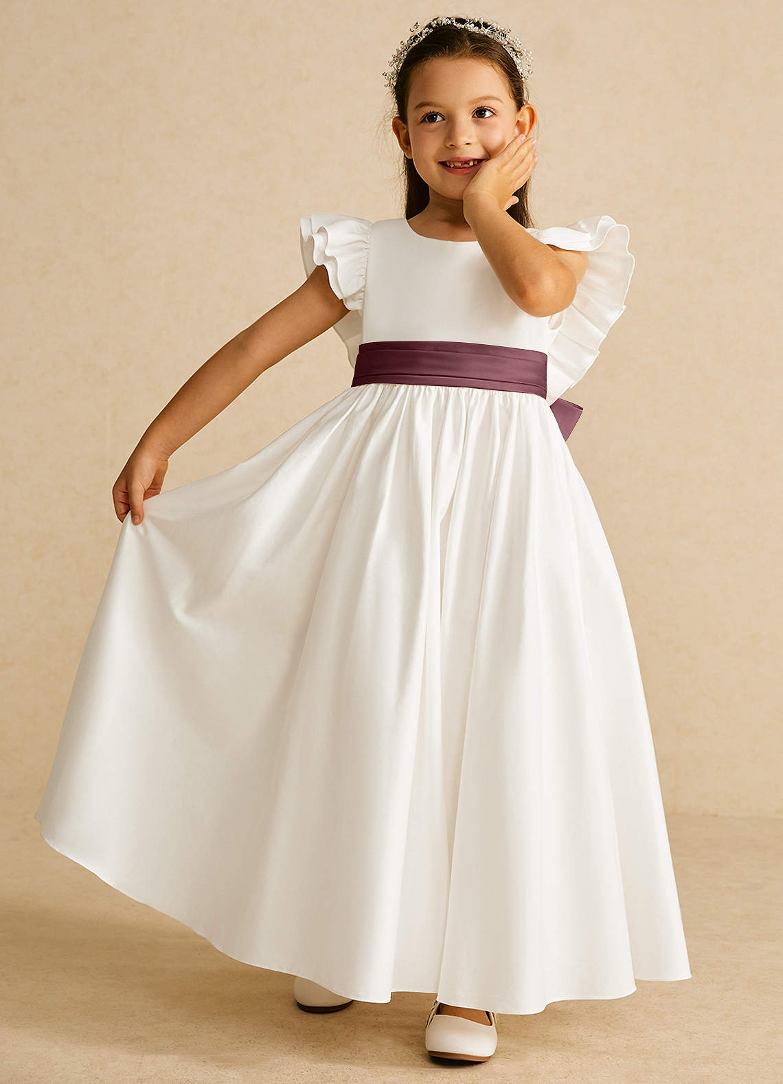 Azazie Aero Flower Girl Dresses Ivory Sangria A-Line Pleated Cotton Dress image5