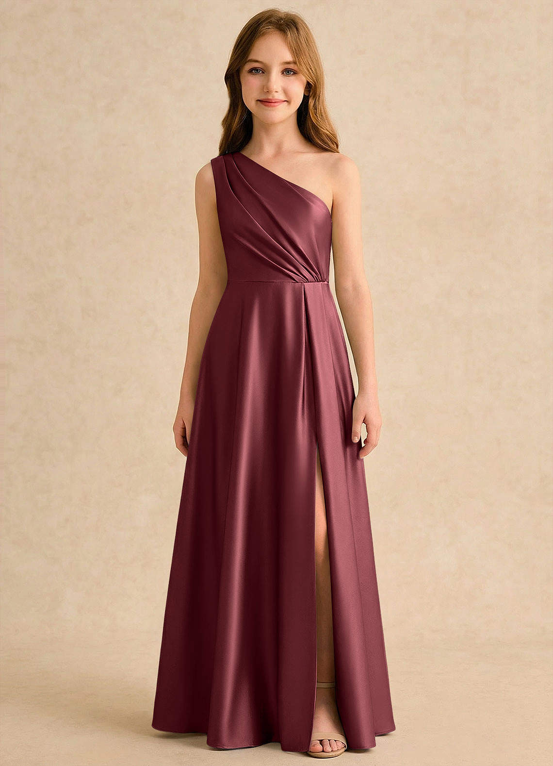 Azazie Puddles Girls Formal Robe Demoiselle D'honneur Fillette Robe Trapèze en Satin extensible Une épaule Merlot image5