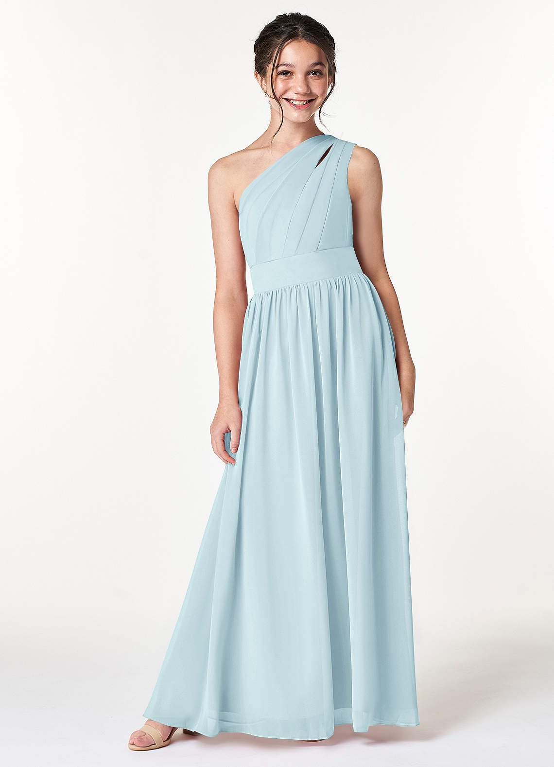 Azazie Molly Junior Sea Glass A-Line Pleated Chiffon Dress image1