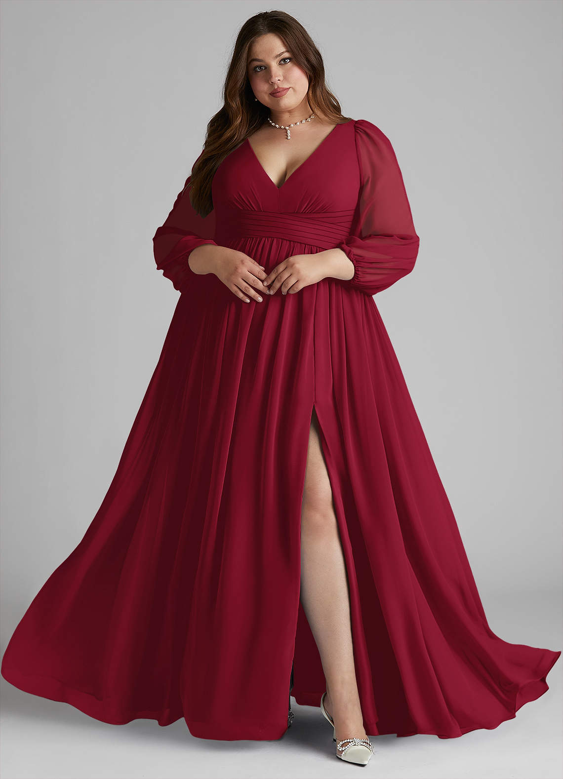 Azazie Norah Bridesmaid Dresses Burgundy A-Line V-Neck Long Sleeve Chiffon Dress image7