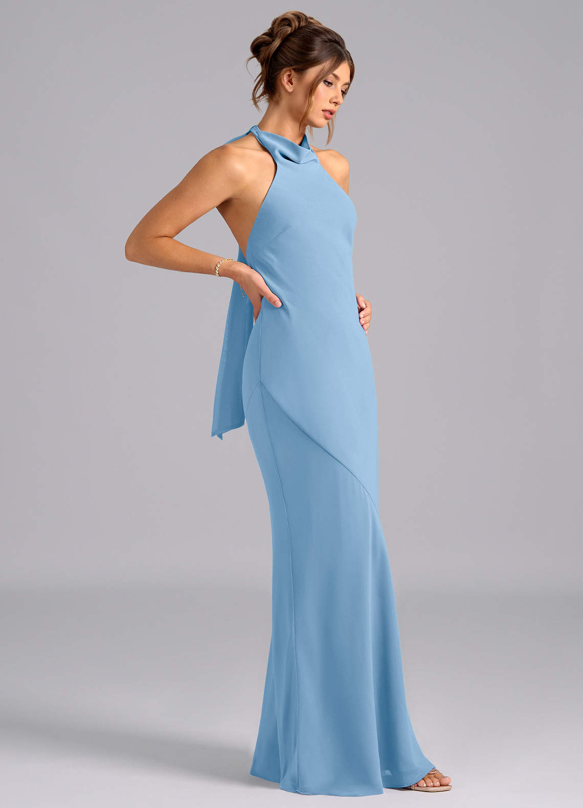 Azazie Velli Bridesmaid Dresses Powder Blue Mermaid High Neck Chiffon Dress image3