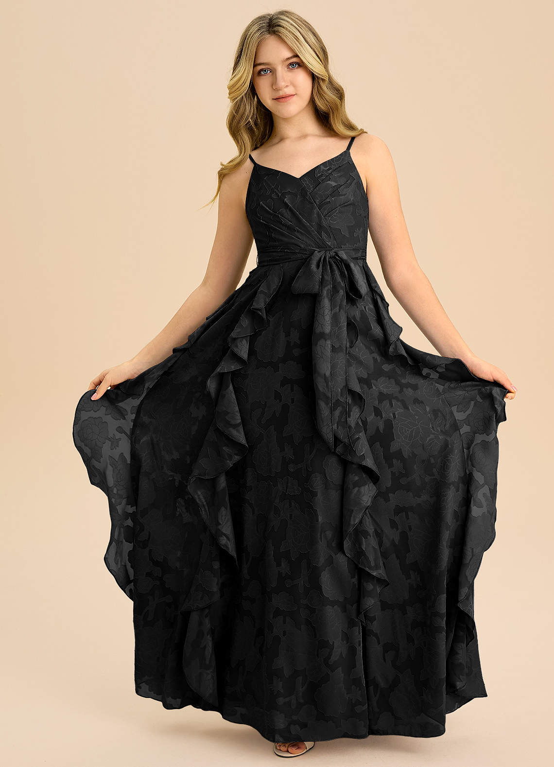 Azazie Peyton Junior Black A-Line Pleated Floral Burnout Dress image2