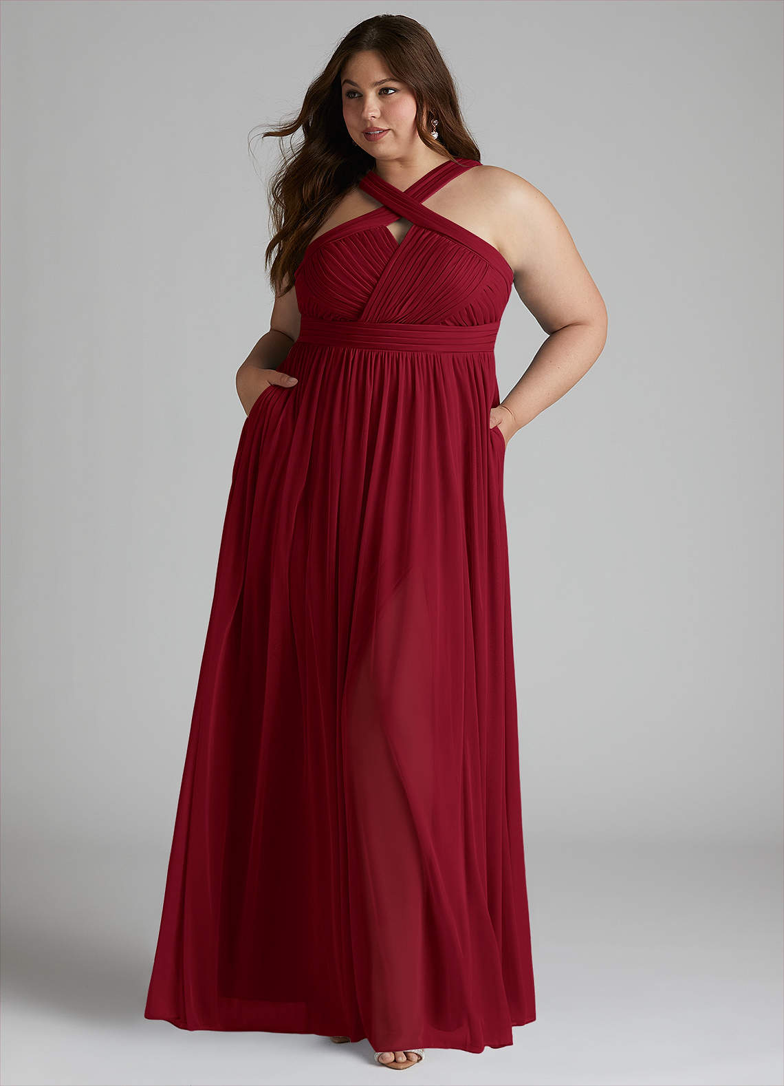 Azazie Hillian Bridesmaid Dresses Burgundy A-Line Halter Pleated Mesh Dress image1