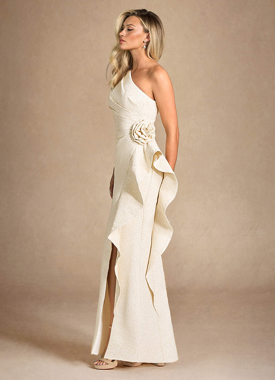 Azazie Patrisha Mother of the Bride Dresses Light Gold Jacquard Mermaid One Shoulder Metallic Jacquard Dress image1