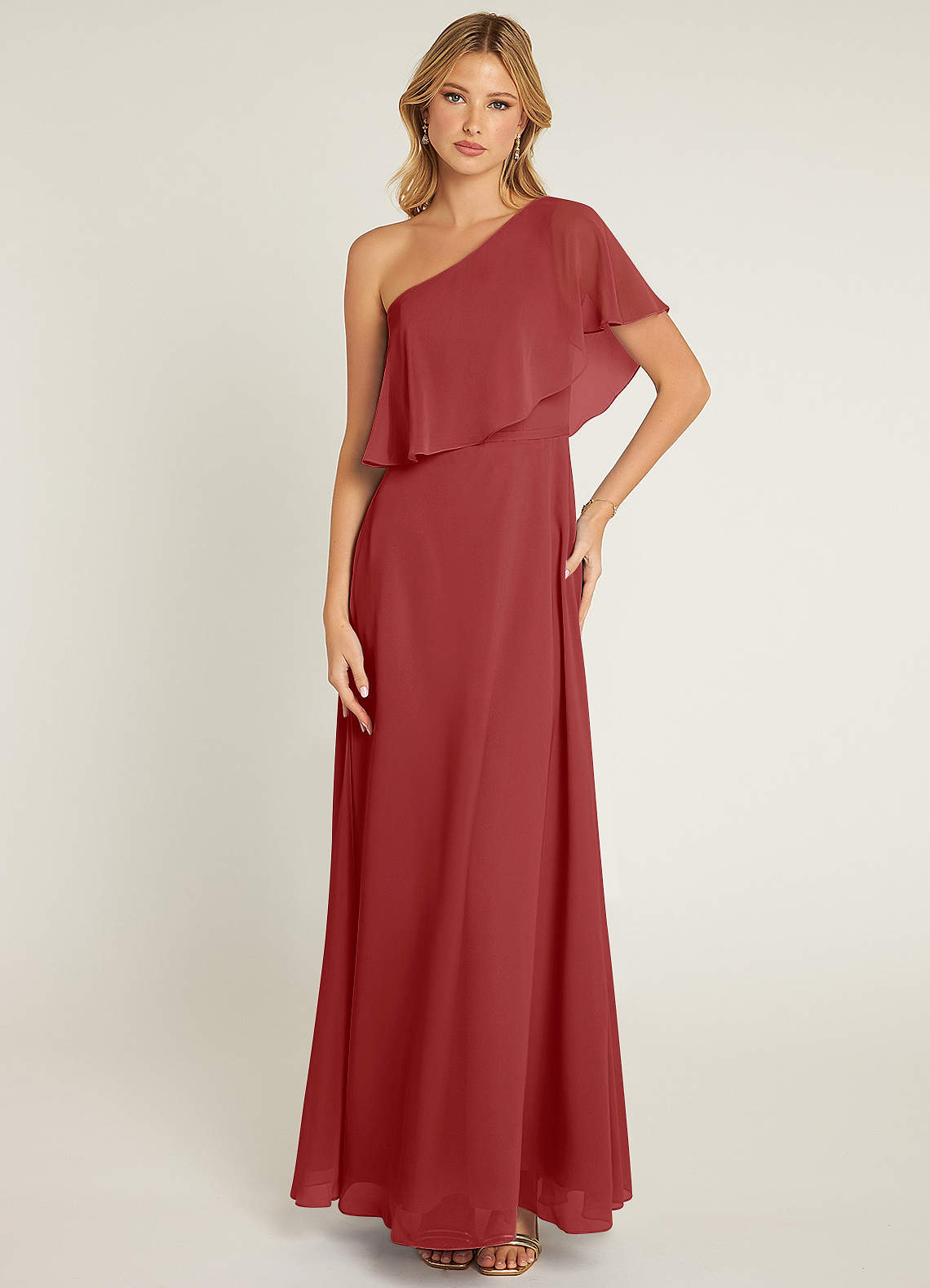 Azazie Lizzy Bridesmaid Dresses Rust A-Line One Shoulder Chiffon Dress image1