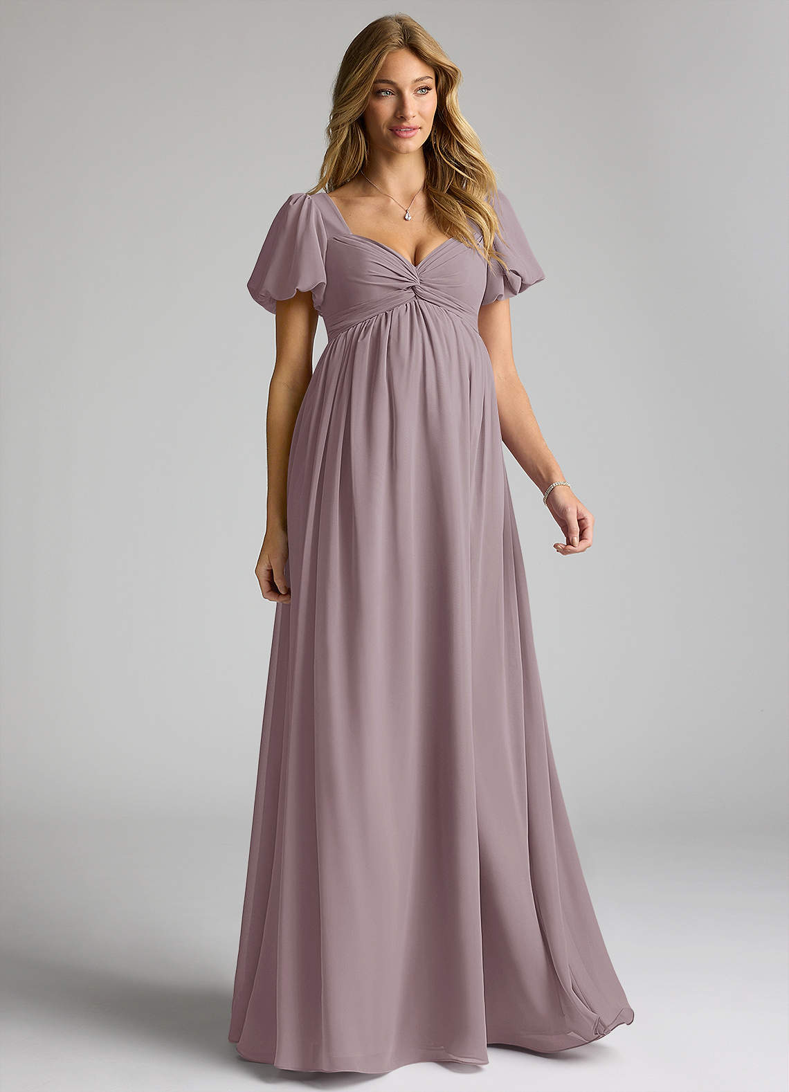 Azazie Madisynn Brautjungfernkleider für Schwangere Schleifen Chiffon Bodenlänge Kleid image1
