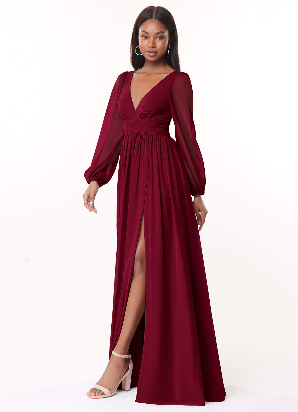 wine bridesmaid dresses long Azazie Norah Burgundy Chiffon length gown in an