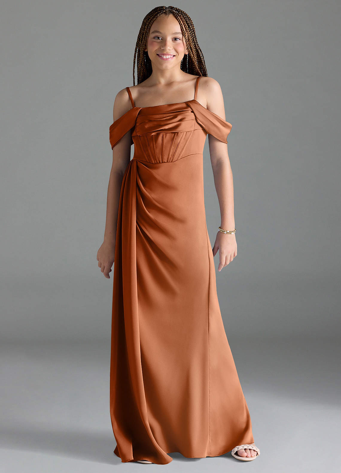 Azazie Amyra Junior Copper Sheath Off the Shoulder Stretch Satin Dress image1