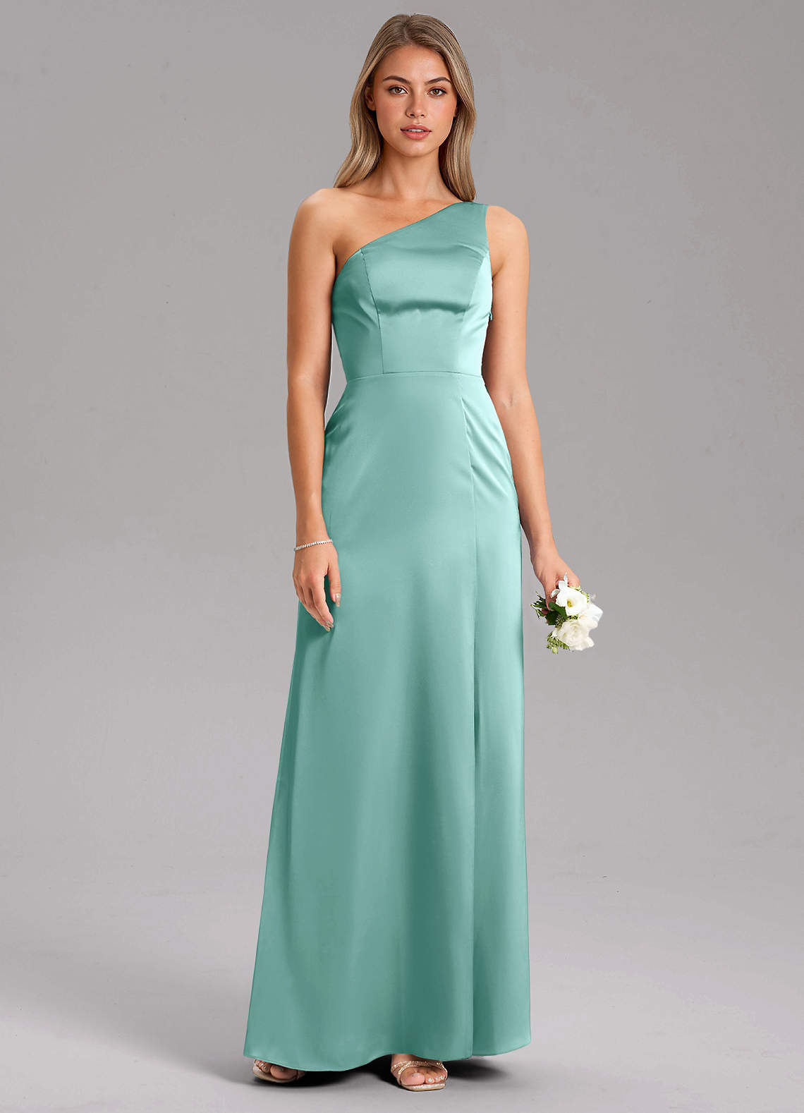 Azazie Feby Vestidos de damas de honor Vestido de Aqua de Satén Elástico de Corte en A con Hombro unilateral image6