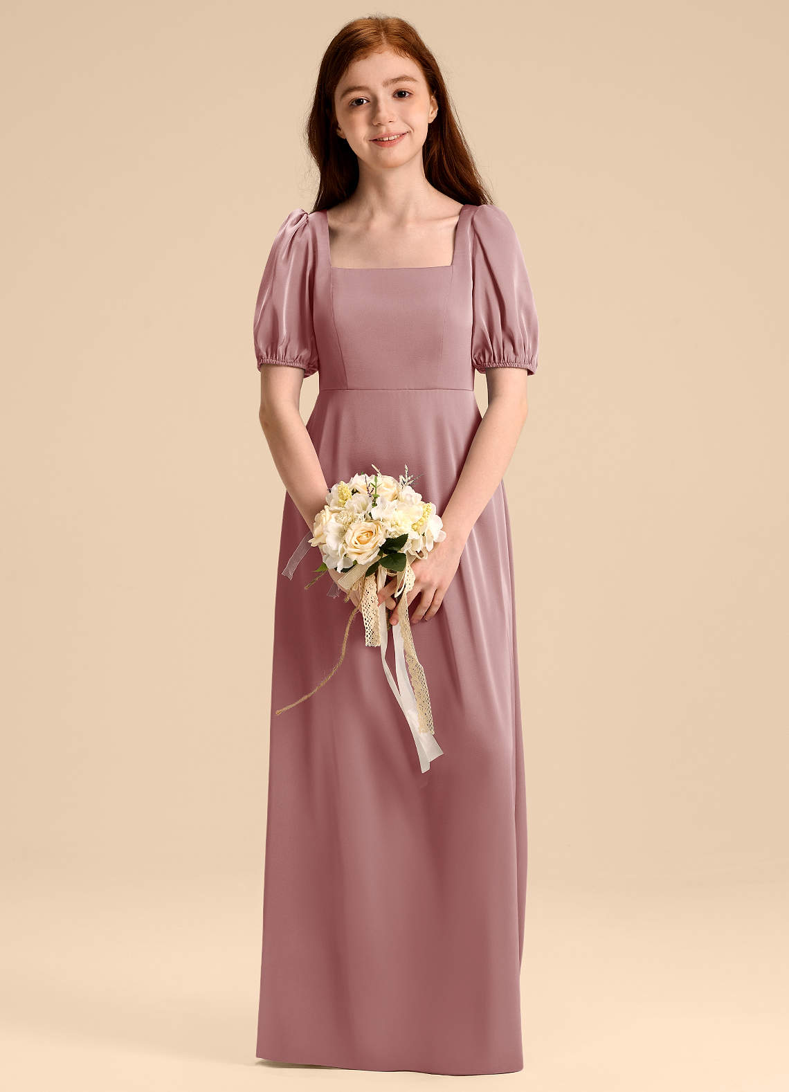 Azazie Briar Junior Robe Trapèze en Satin extensible Arc Rose Poussiéreuse image1