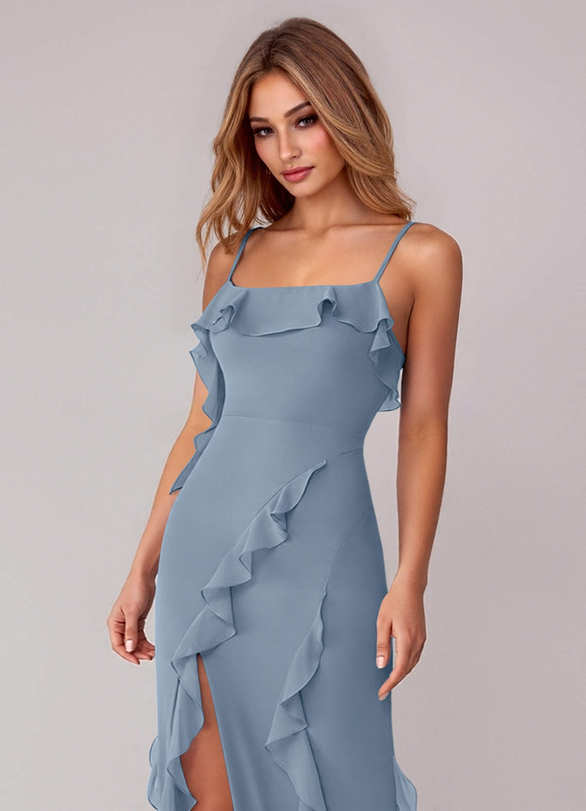 Azazie Malia Bridesmaid Dresses Dusty Blue Sheath Ruched Chiffon Dress image1