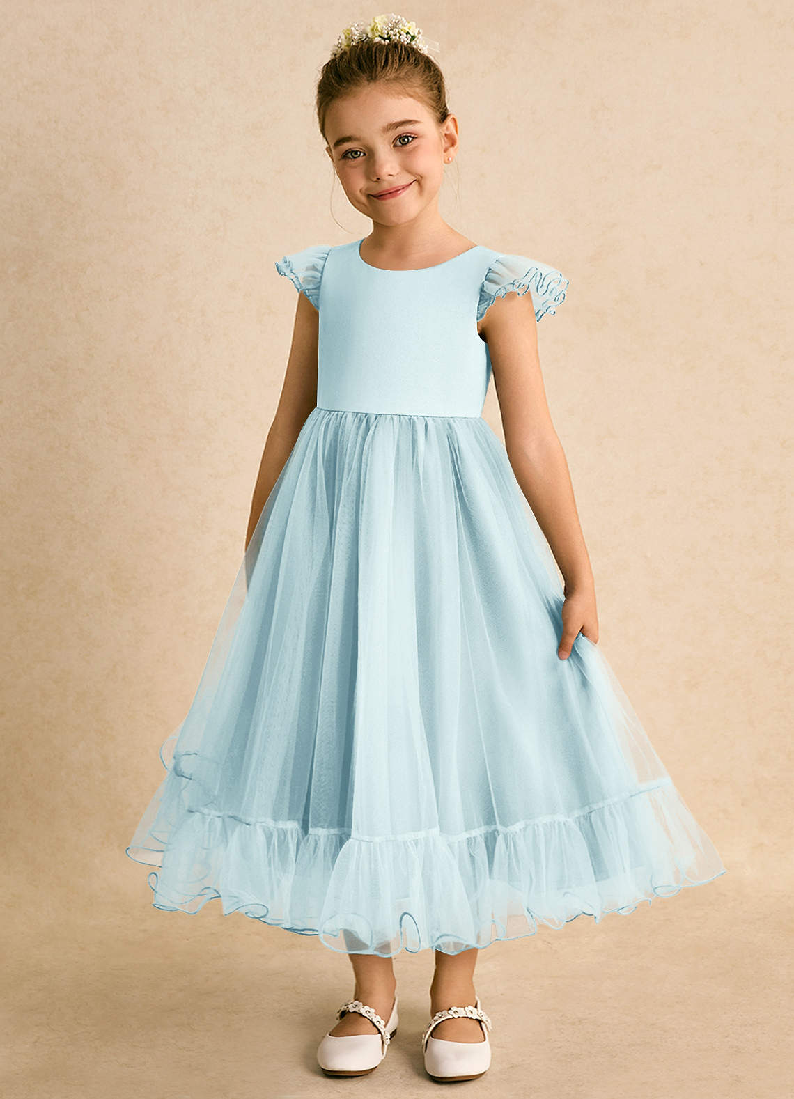 Azazie Phebs Flower Girl Dresses Sea Glass A-Line Tulle Dress image1