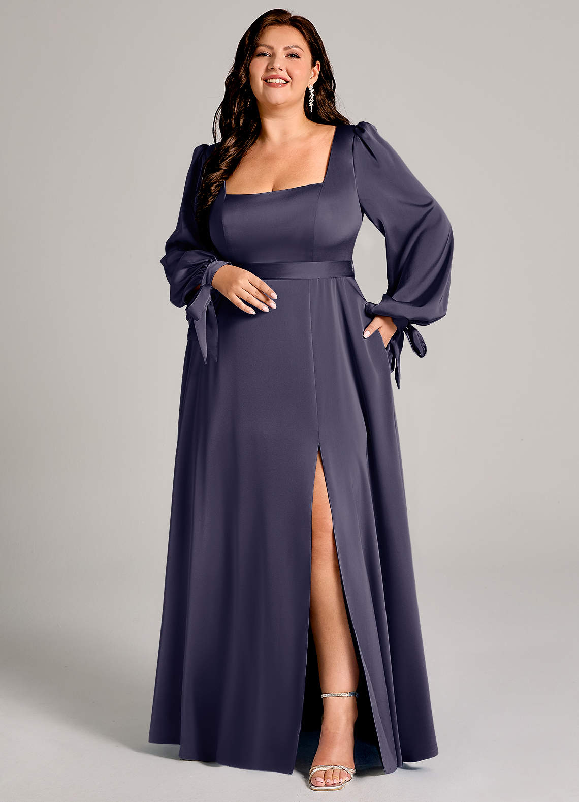Azazie Leonia Bridesmaid Dresses Stormy A-Line Long Sleeve Stretch Satin Dress image1