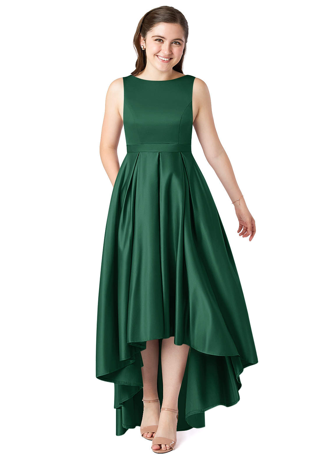 Azazie Inaya Junior A-Linie Gürtel/Schärpe Stretch-Satin Kleid Dunkelgrün image1