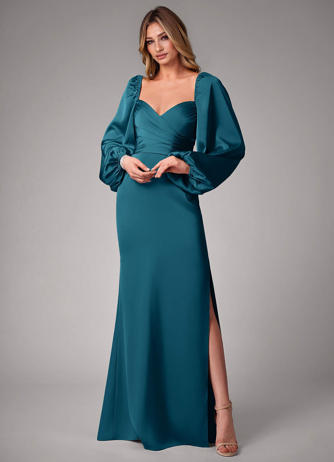 Azazie Sonata Bridesmaid Dresses Ink Blue Sheath Long Sleeve Stretch Satin Convertible Dress image1
