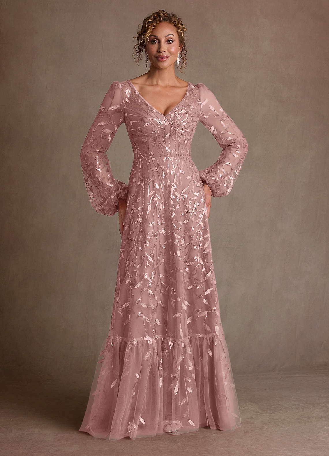 Azazie Mazie Vestidos para mãe da noiva Vestido Rosa Empoeirada de Tule de Linha A com Renda image1