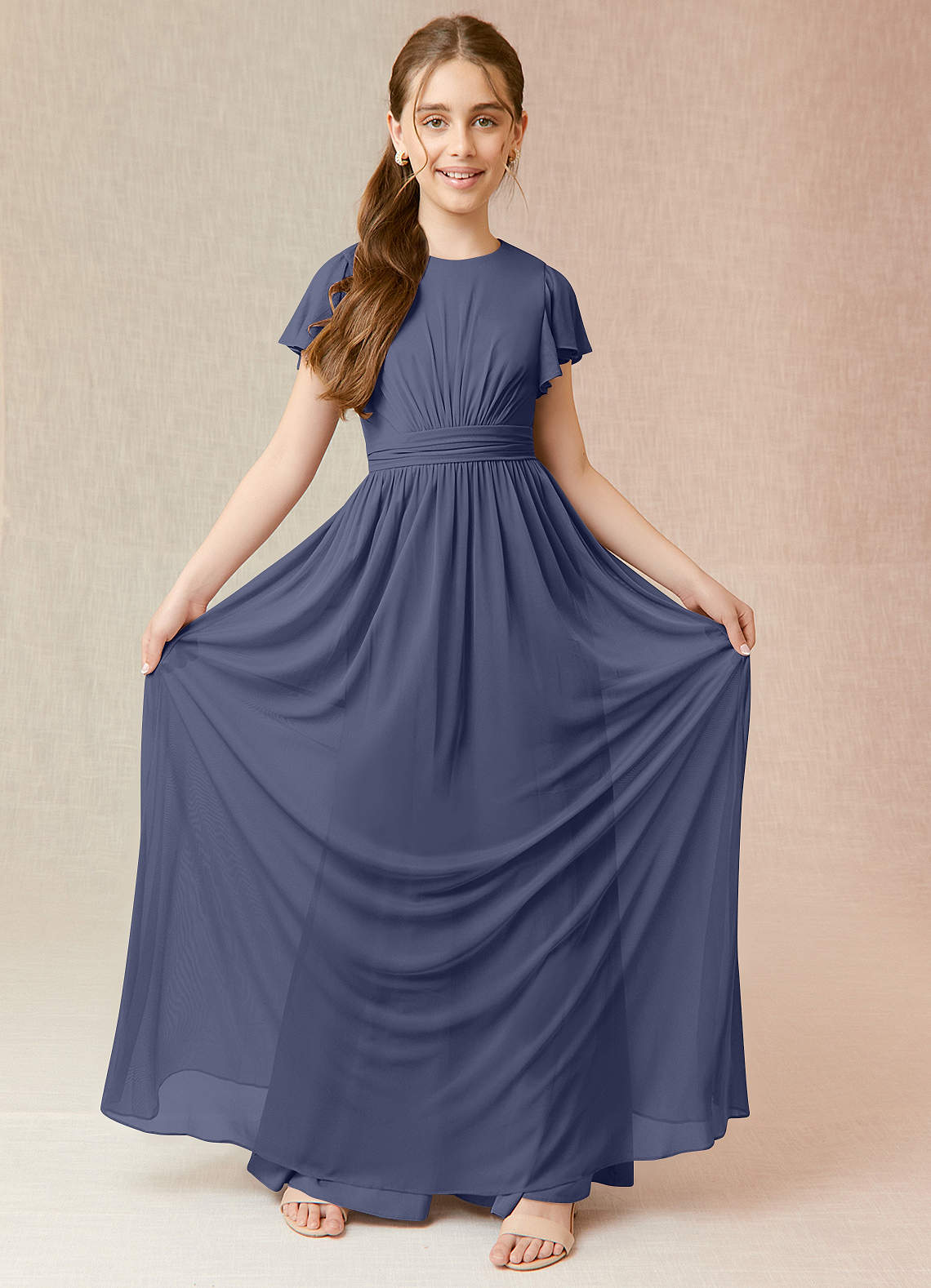 Azazie Mosley A-Line Ruched Mesh Floor-Length Junior Bridesmaid Dress image1