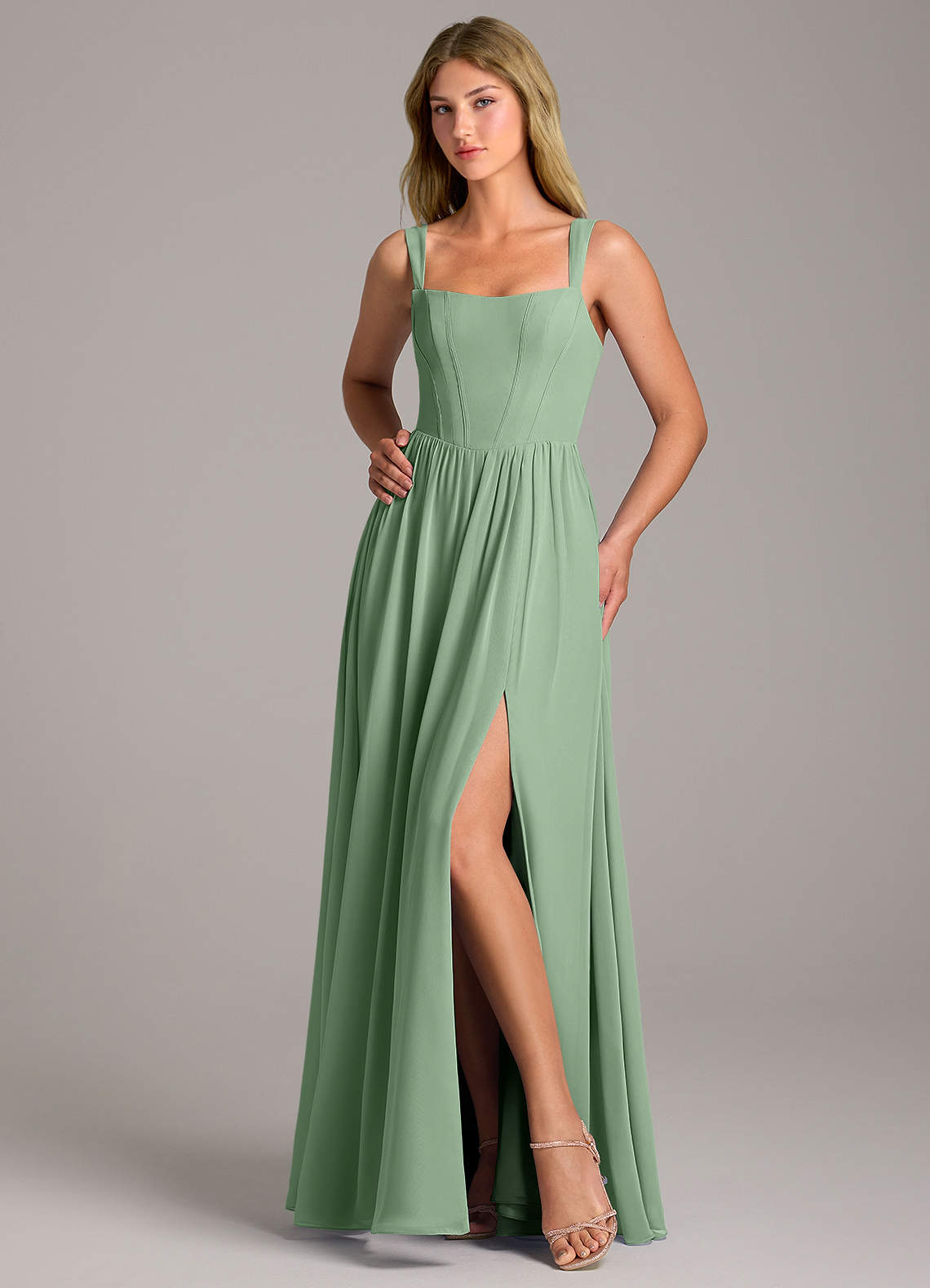 Azazie Rosaline Vestidos de madrinha de casamento Vestido Matchá de Chiffon de Linha A com Fenda Lateral image4