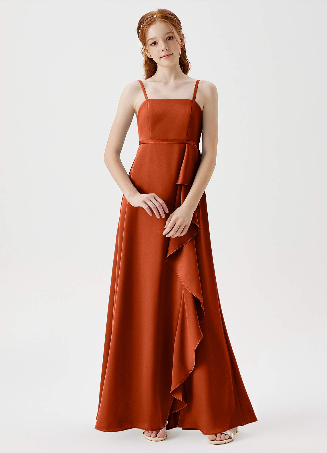 Azazie Kaylee Junior Paprika A-Line with Belt Stretch Satin Dress image1