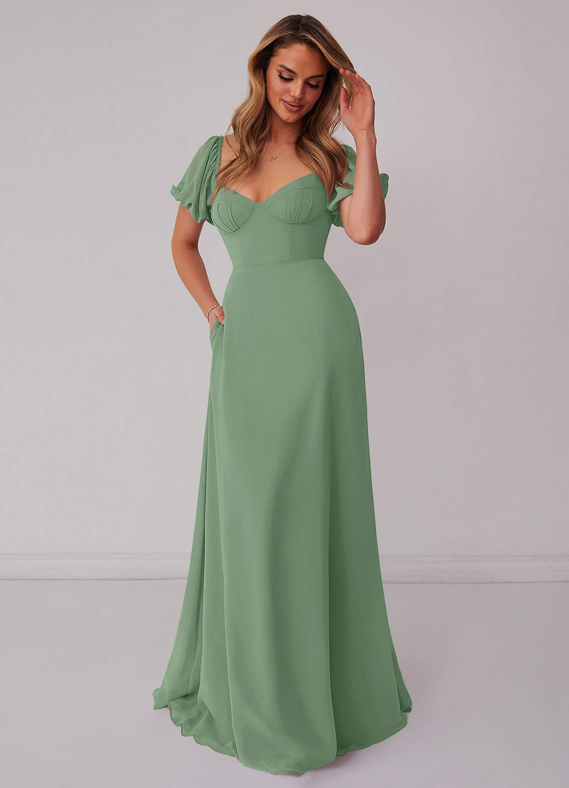 Barbie ♥ Azazie Bridesmaid Dresses Matcha A-Line Pleated Chiffon Dress image4