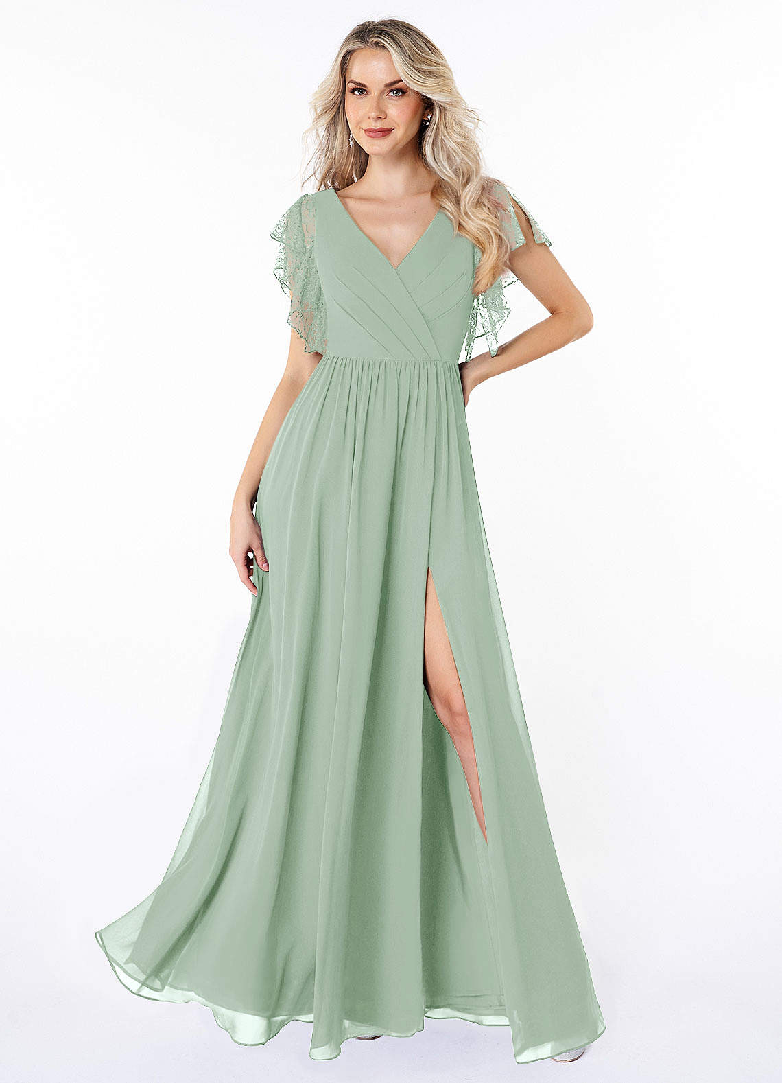 Azazie Zella Bridesmaid Dresses Agave A-Line Lace Chiffon Dress image1