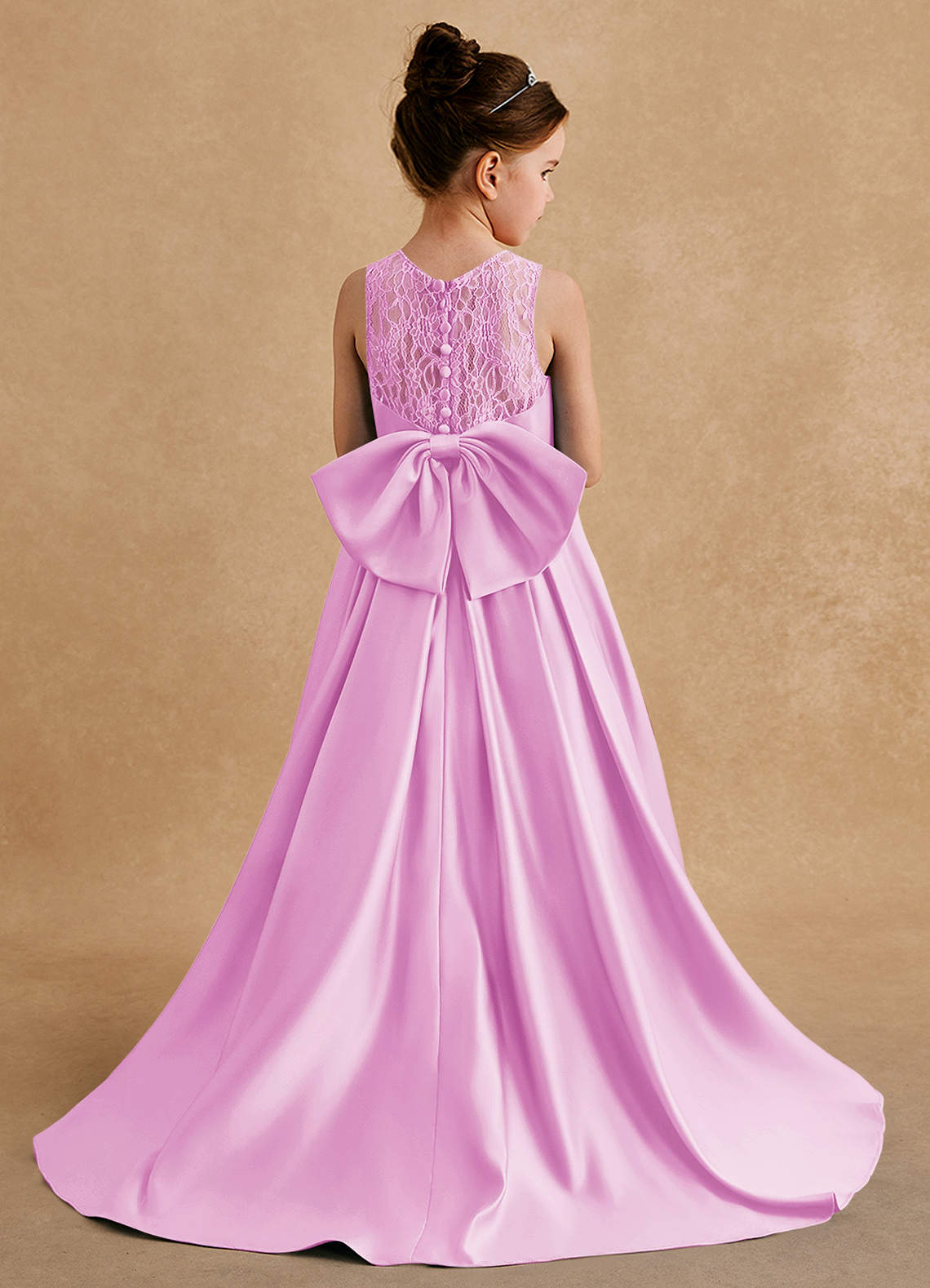 Azazie Sammy vestidos de niña de las flores Vestido de Rosa Caramelo de Satin Mate de Corte En A con Encaje image1