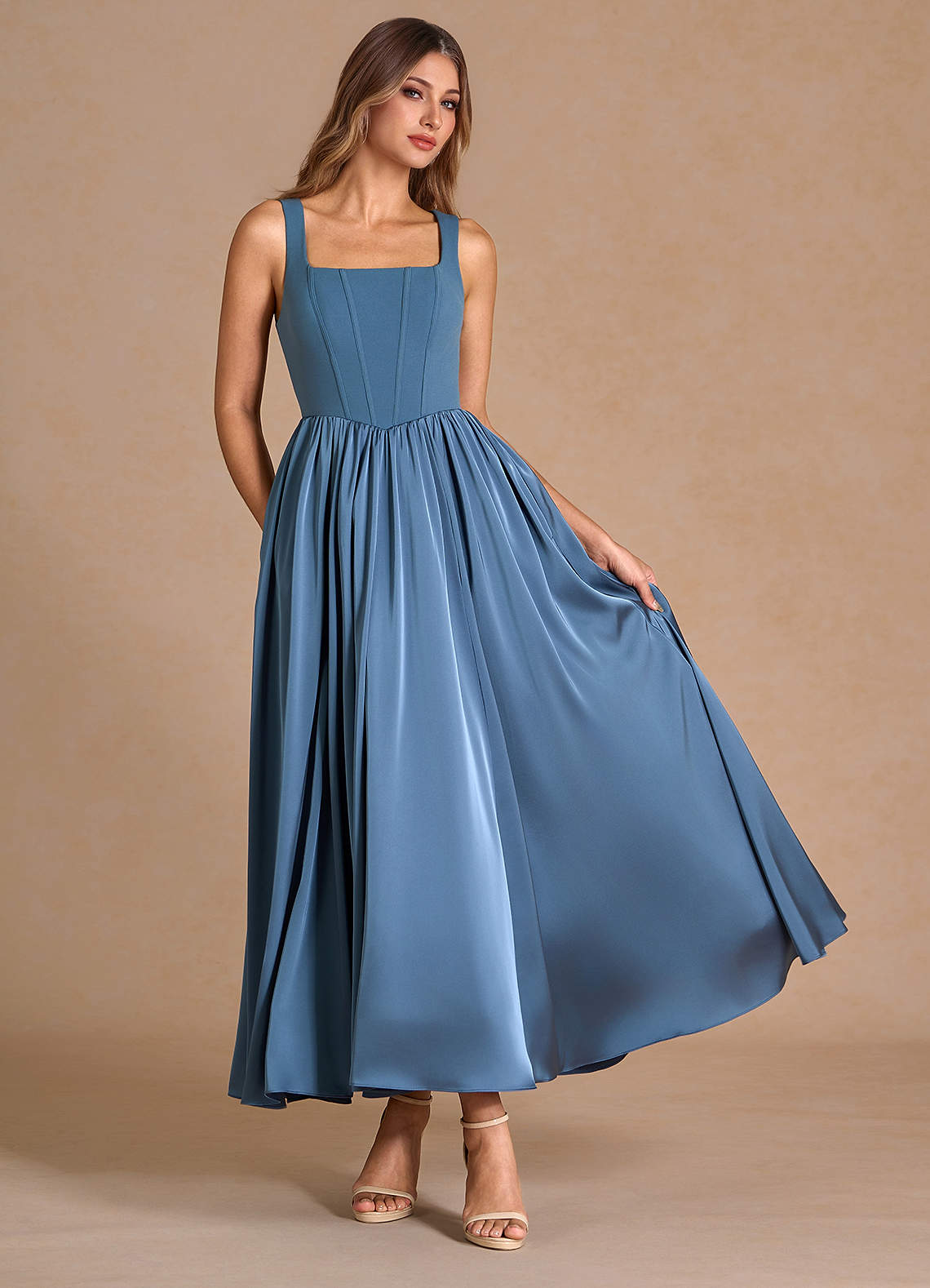 chinese dress ladies Sky Blue Ruched Tiered Sleeveless Maxi Dress