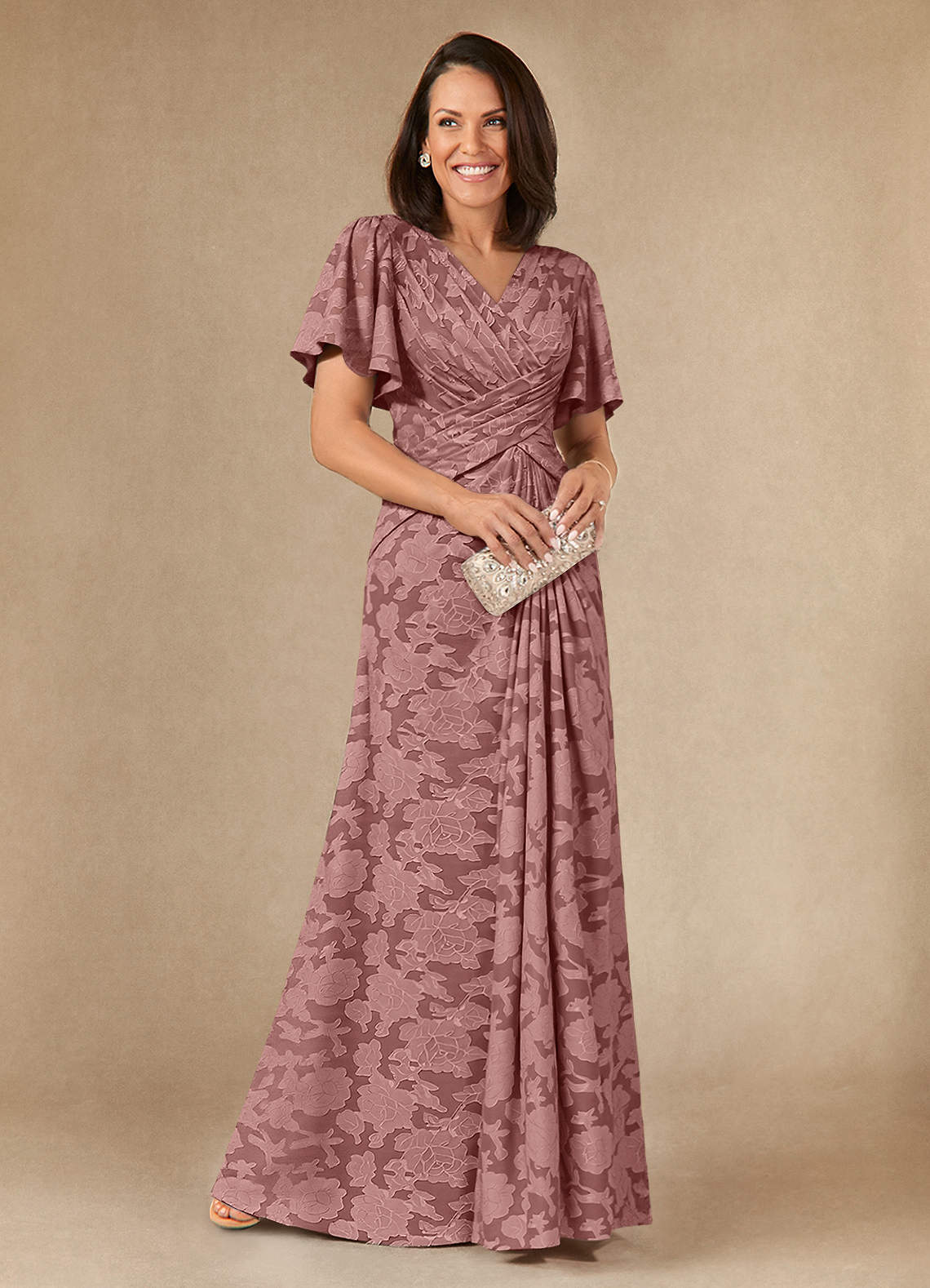 Azazie Emmeline Mother of the Bride Dresses Dusty Rose A-Line Pleated Floral Burnout Dress image1