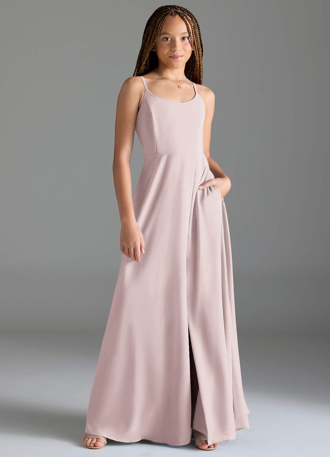 Azazie Moira Junior Abito A-Line in Chiffon Con Tasche Rosa Rossore image1