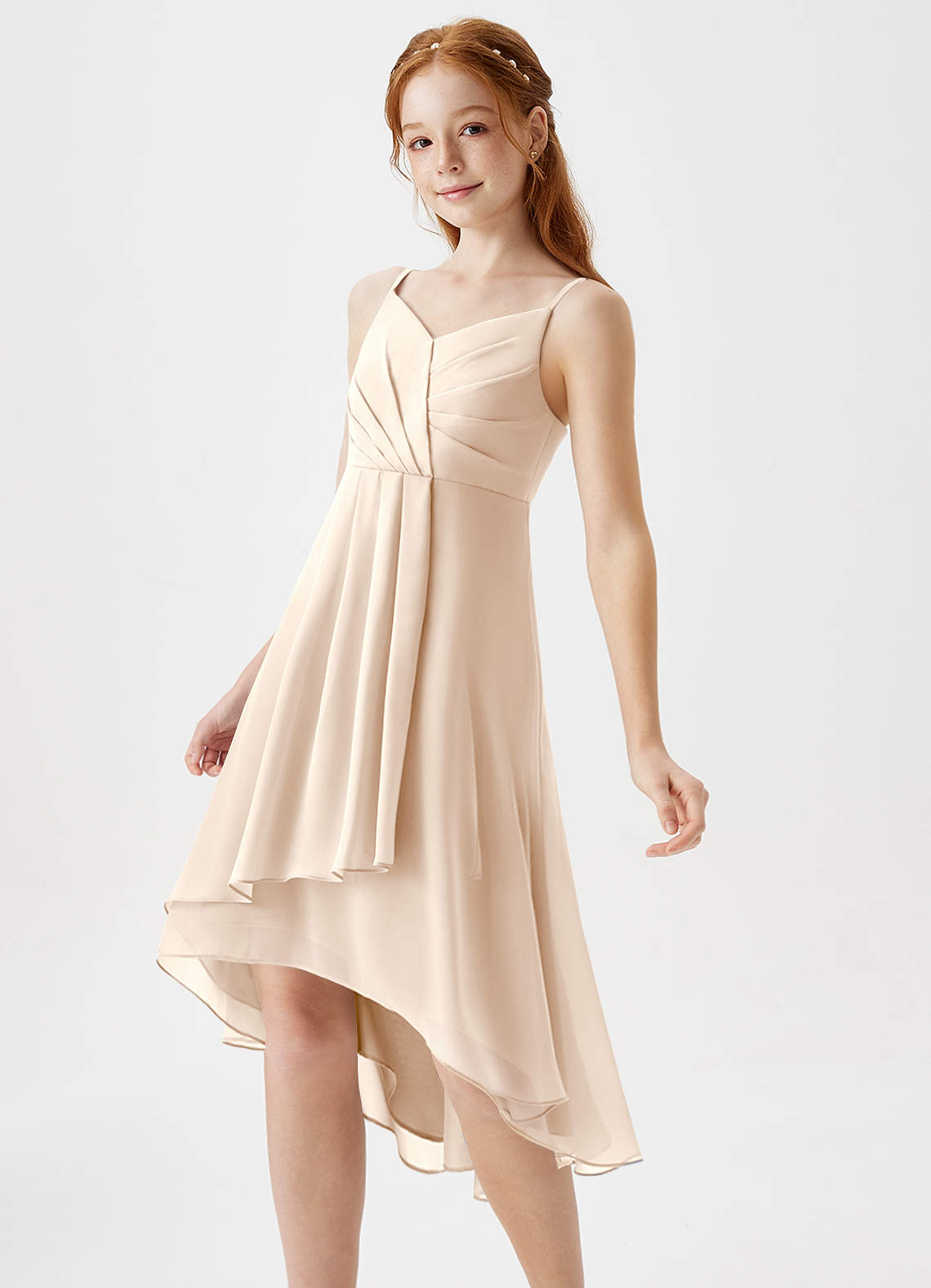 Azazie Mariam Junior White Alabaster A-Line Pleated Chiffon Dress image1