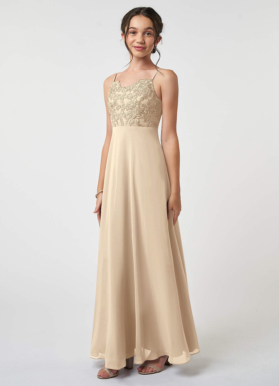 Azazie Sonya Junior Champagne A-Line Lace Chiffon Dress image1