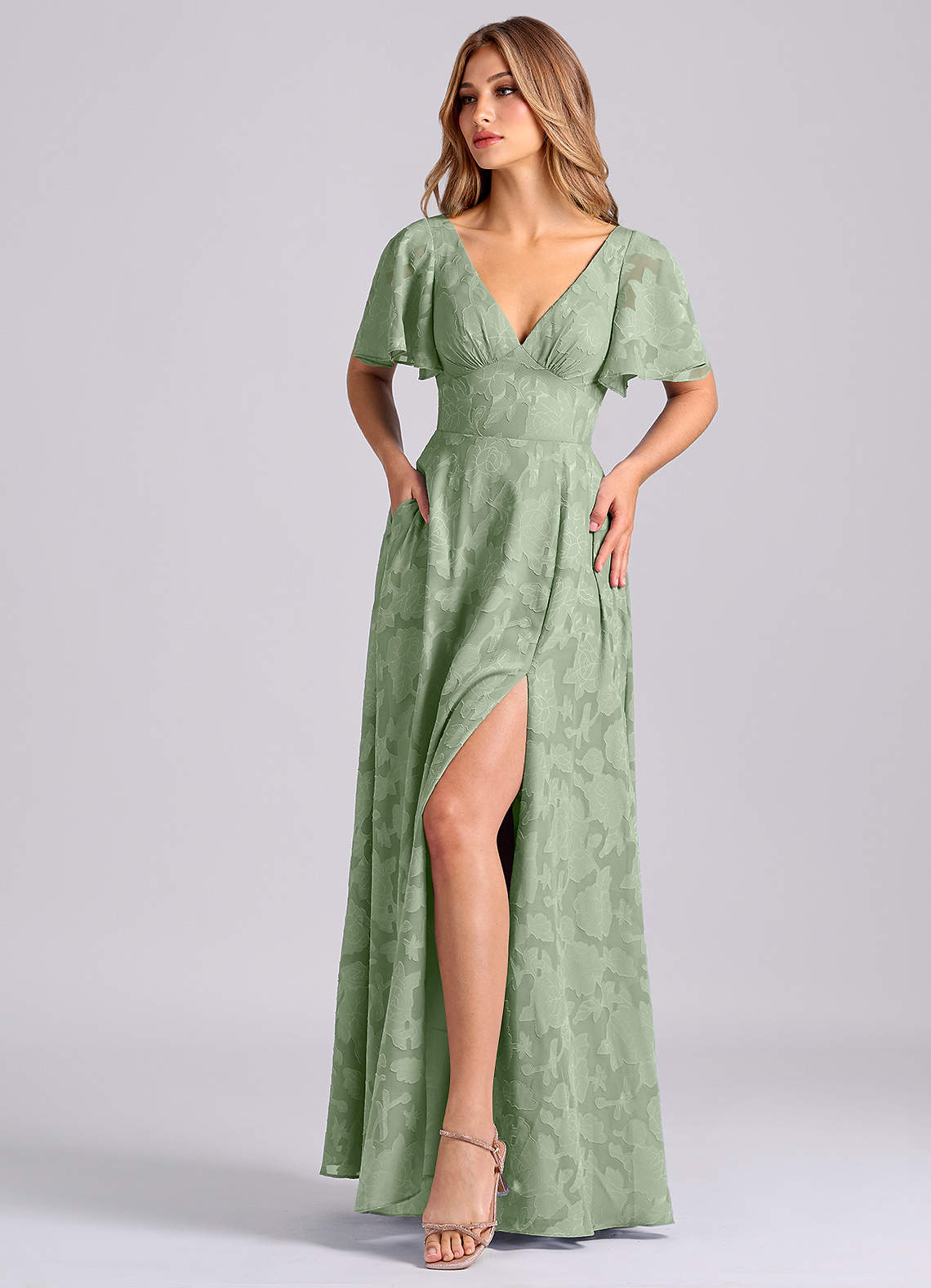 Azazie Kimber Bridesmaid Dresses Dusty Sage A-Line with Pockets Floral Burnout Dress image5