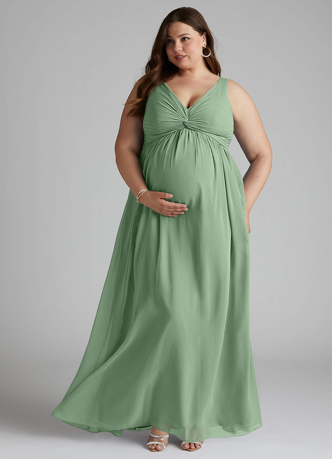 Azazie Yetta At-home Try On Dresses A-Line V-Neck Gathered Chiffon Floor-Length Dress image6