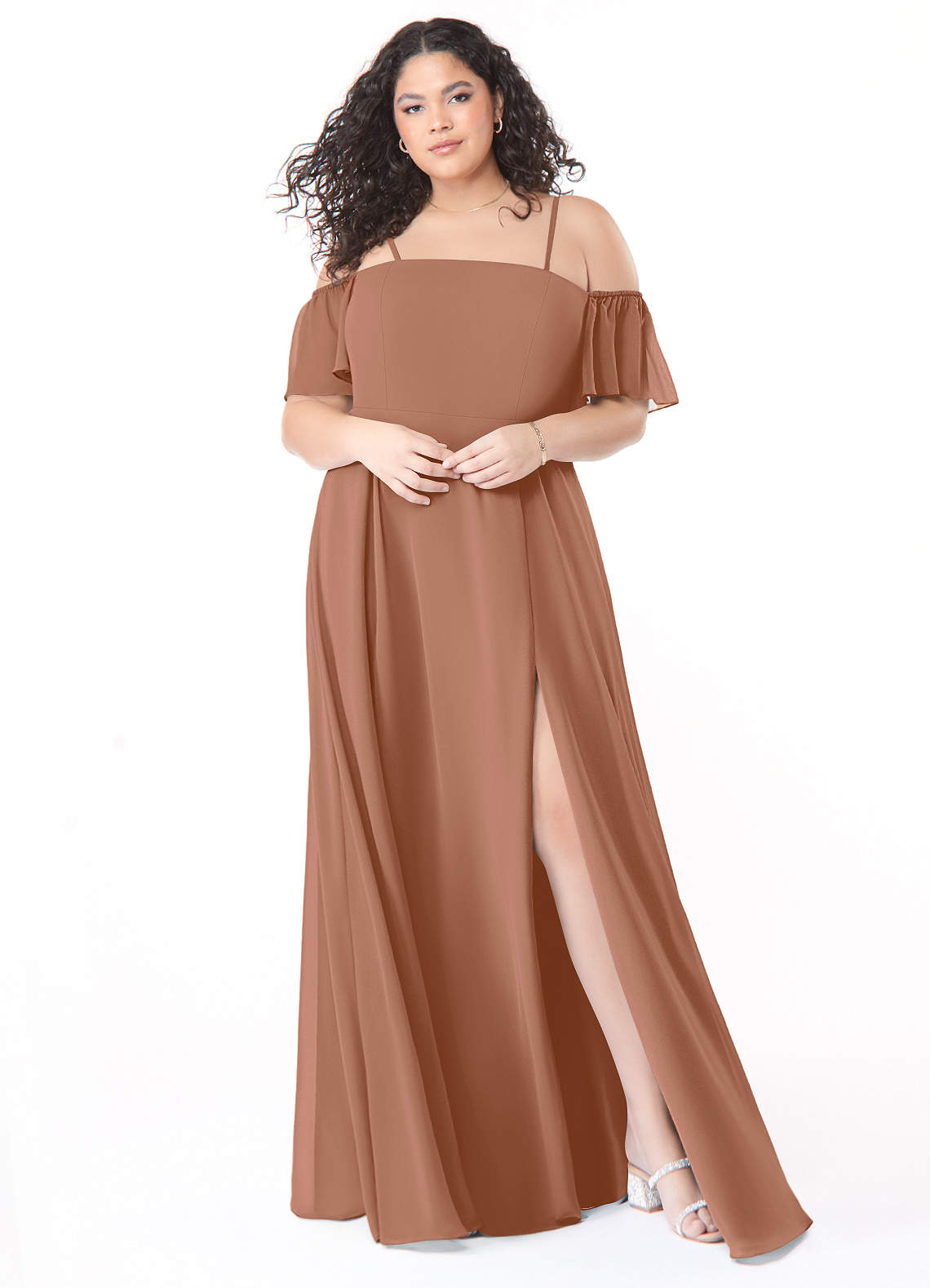 Azazie Sue Bridesmaid Dresses Bronzer A-Line Off the Shoulder Chiffon Convertible Dress image1