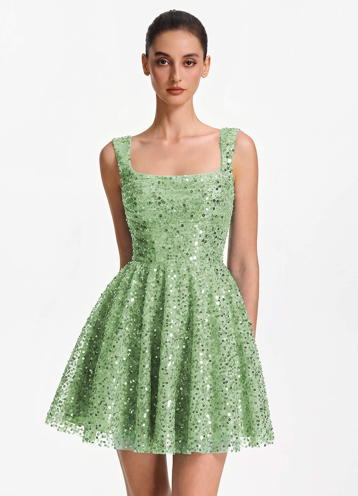 light green shimmer dress Hesperiana Sequin Stretch Tulle Square-Neck Mini Prom and Homecoming Dresses Balmain