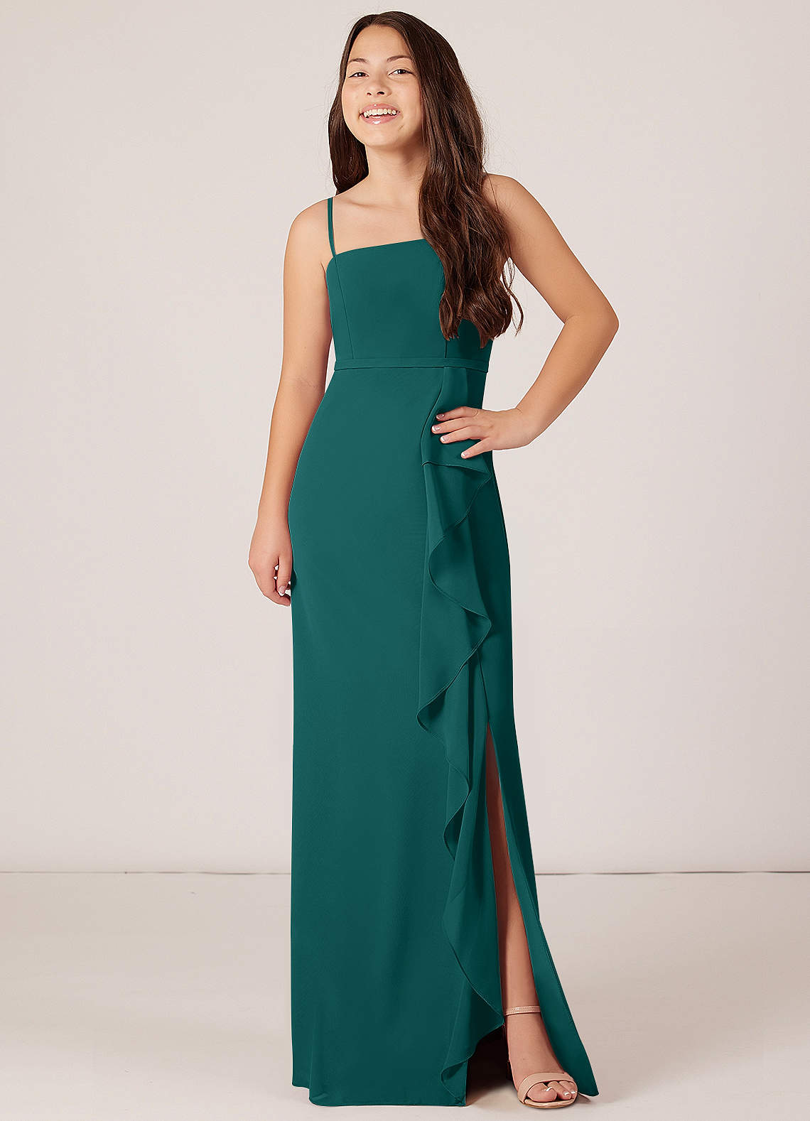 Simple Halter Floor-Length Junior Bridesmaid Gown Peacock