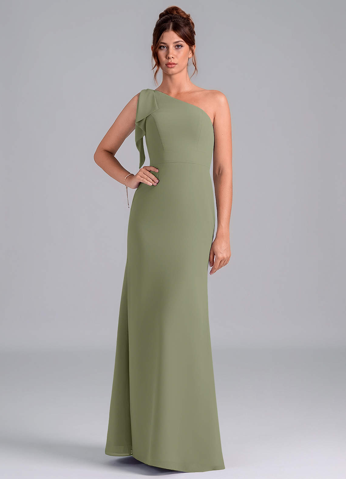 Azazie Rinna Jurken voor bruidsmeisjes Jurk van Chiffon met Zeemeermin One-Shoulder Pistache image1