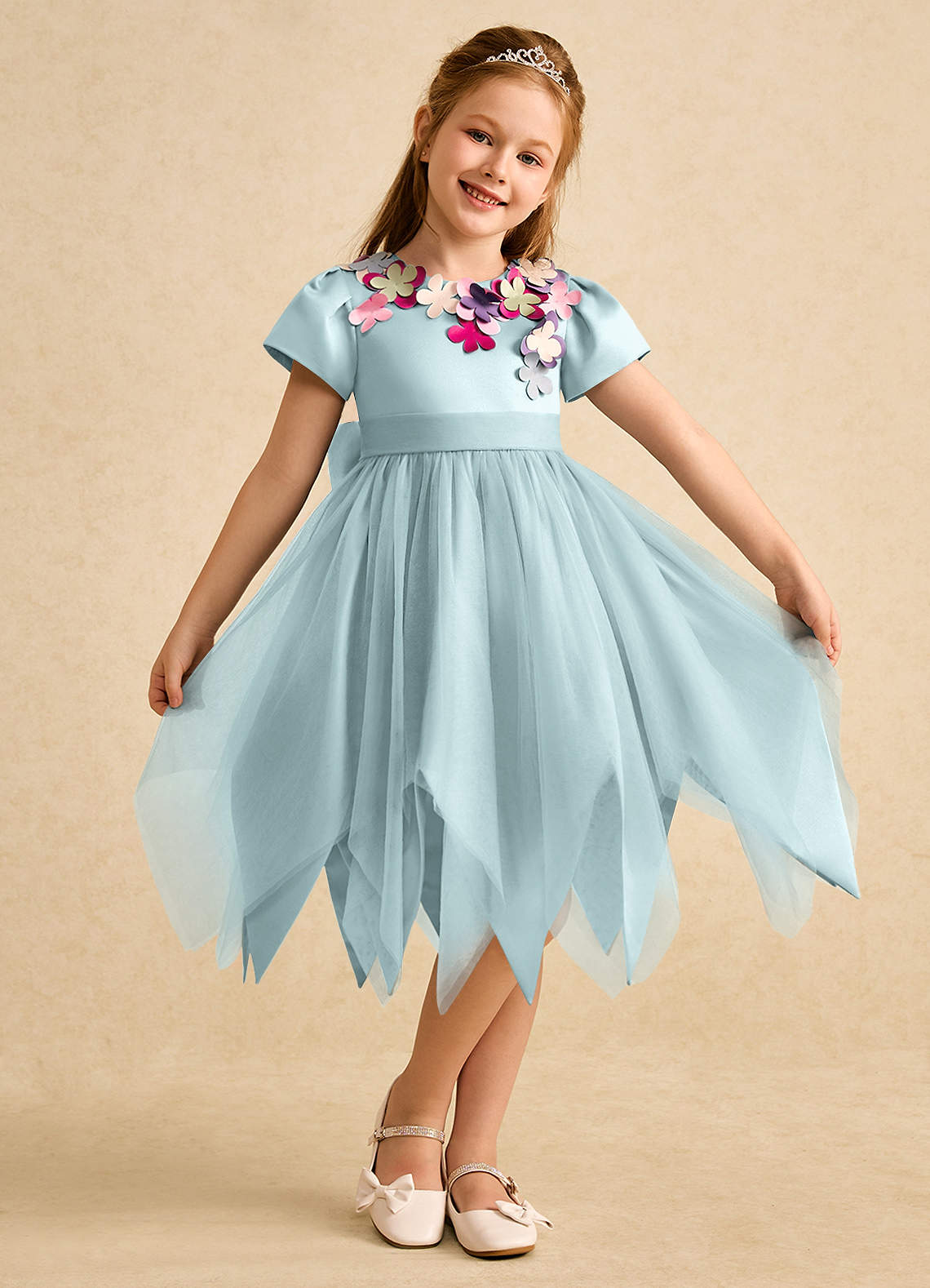 Azazie Janna Flower Girl Dresses Mist A-Line with Sleeves Matte Satin Dress image1