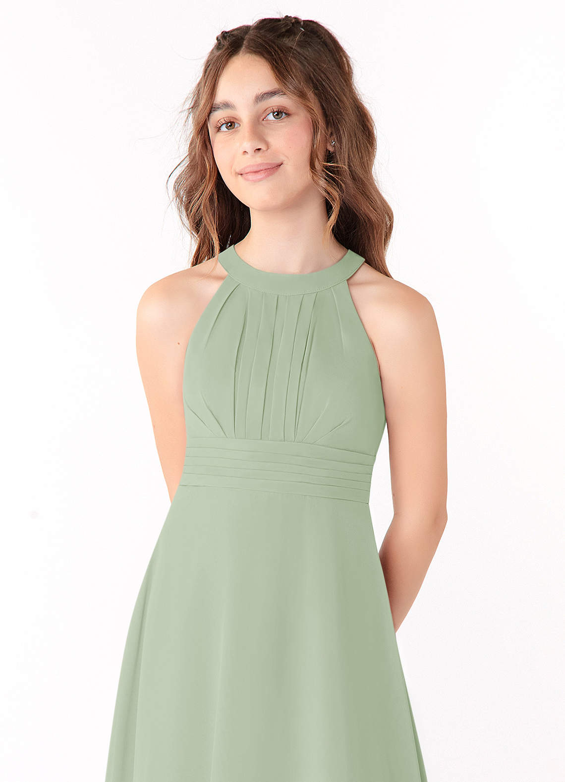 Azazie Linna Junior Vestido de Salvia Polvorienta de Gasa de Corte En A con Plisado image3
