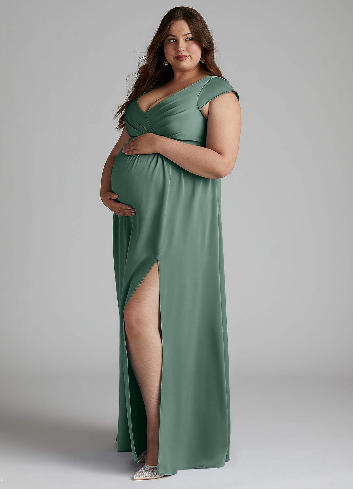Azazie Allessia Maternity Bridesmaid Dresses A-Line Pleated Stretch Satin Floor-Length Dress image7