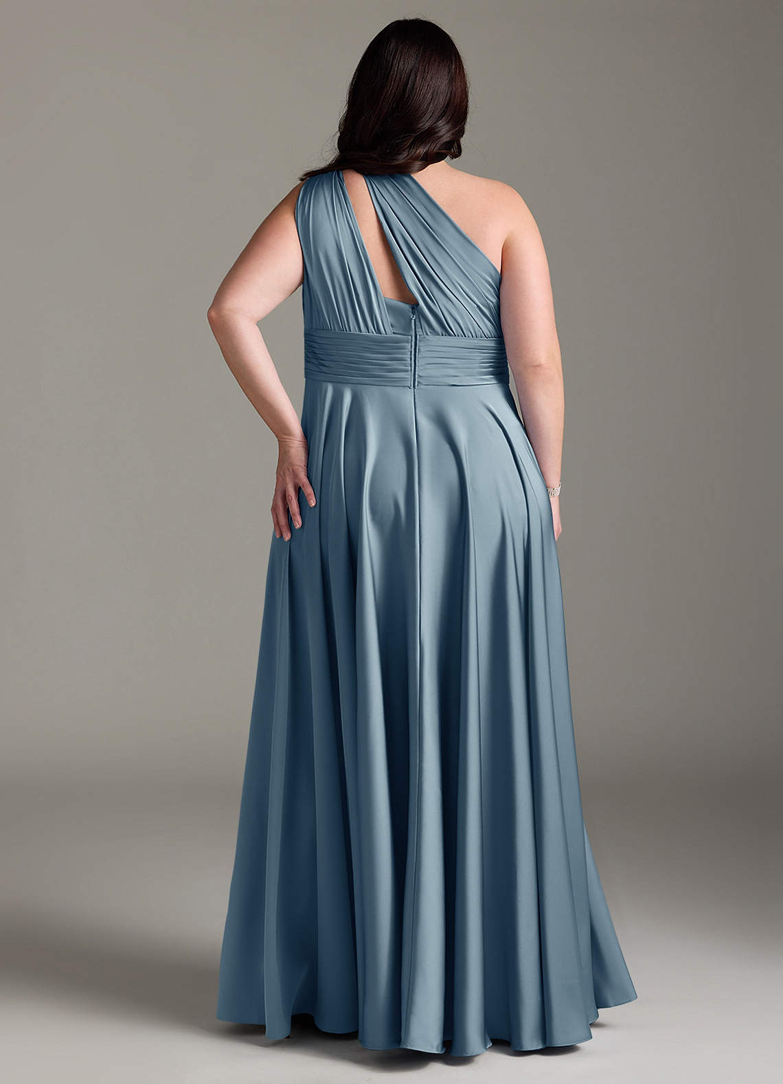 Azazie Charlize Bridesmaid Dresses Dusty Blue A-Line One Shoulder Stretch Satin Dress image9