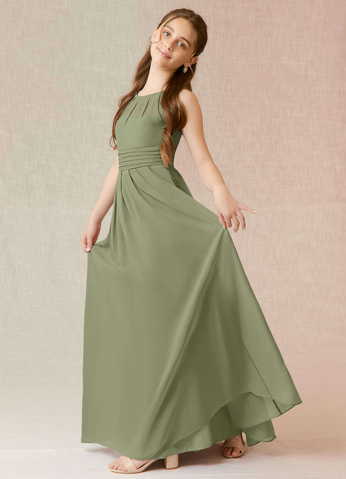 Azazie Bibiane Junior Pistachio A-Line Pleated Chiffon Dress image2