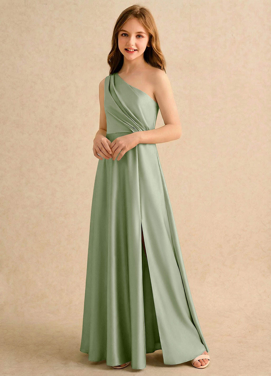 Azazie Puddles Girls Formal Flower Girl Klänningar Klä A-Line i Stretch Satin Ena axeln image3