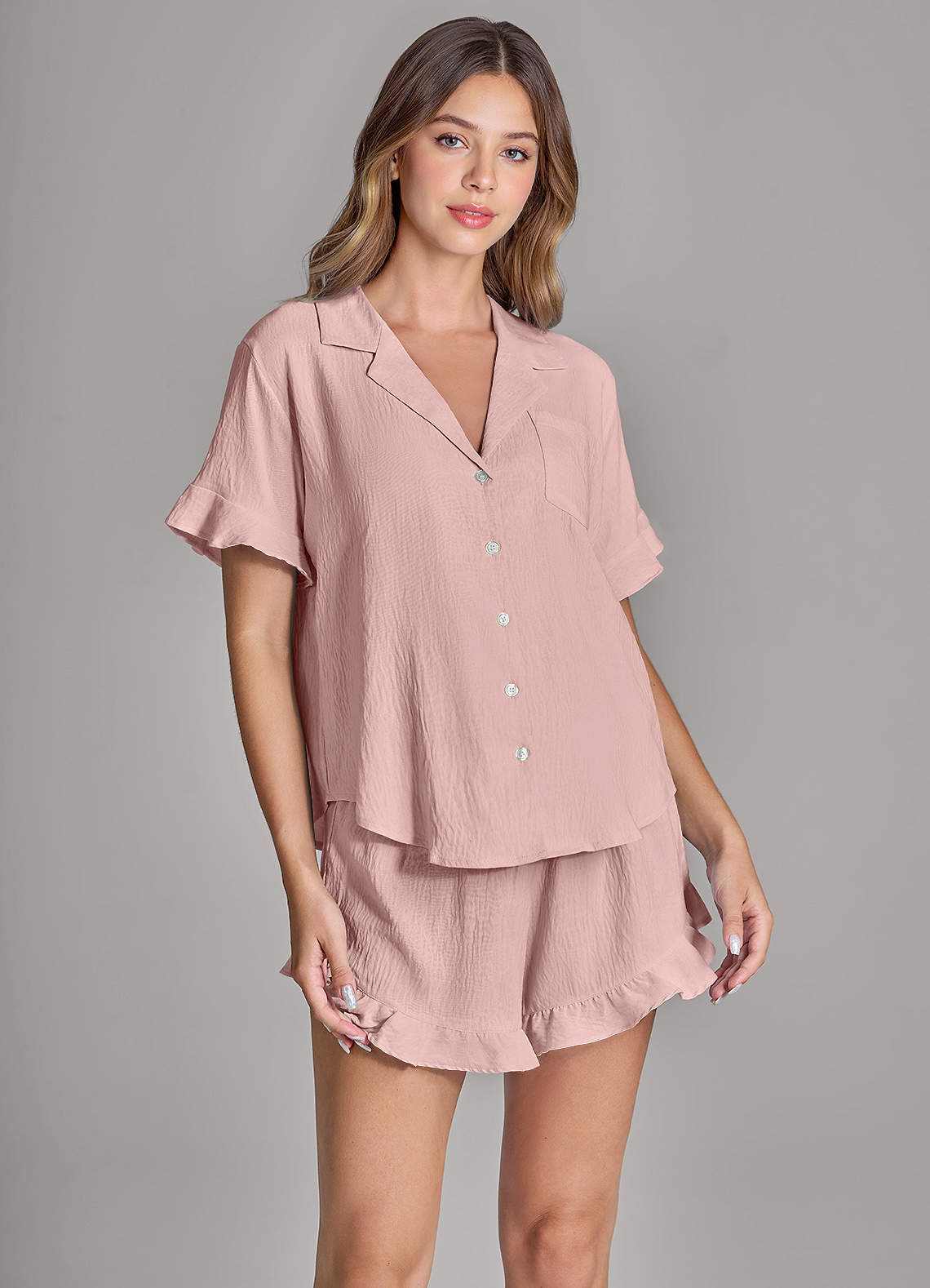 front Matching Color Ruffled Cloud-Soft Pajama Set
