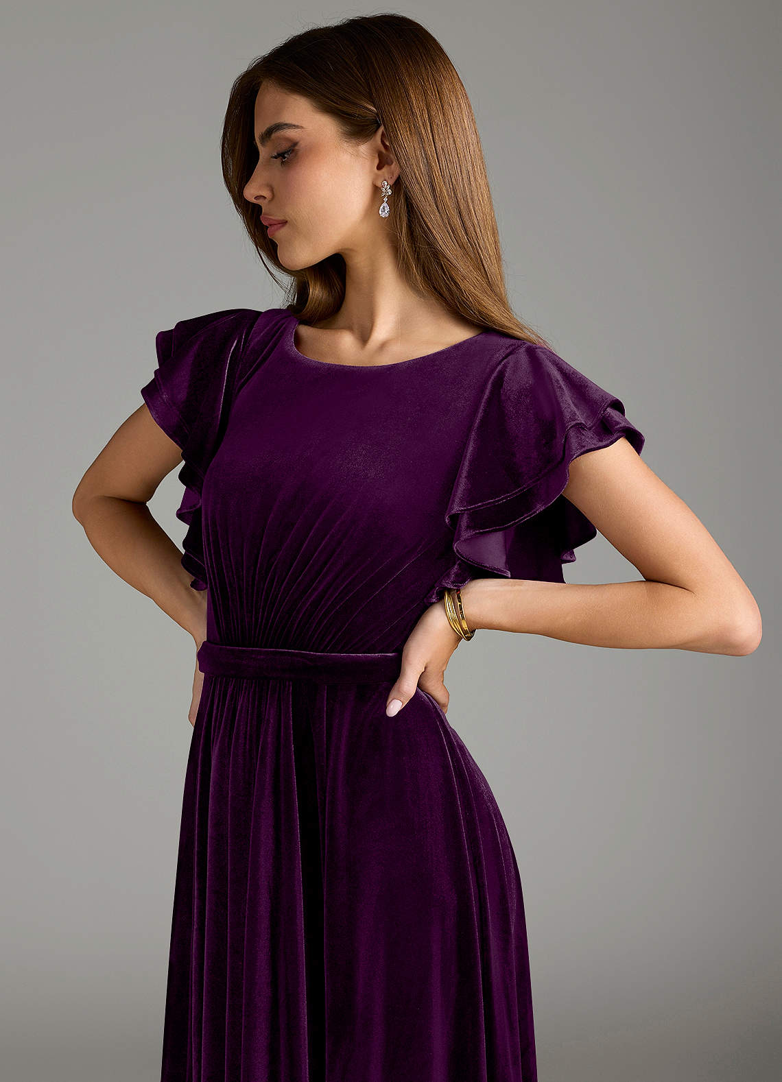 Azazie Daphne Modest Bridesmaid Dresses A-Line Velvet Floor-Length Dress with Belt image1