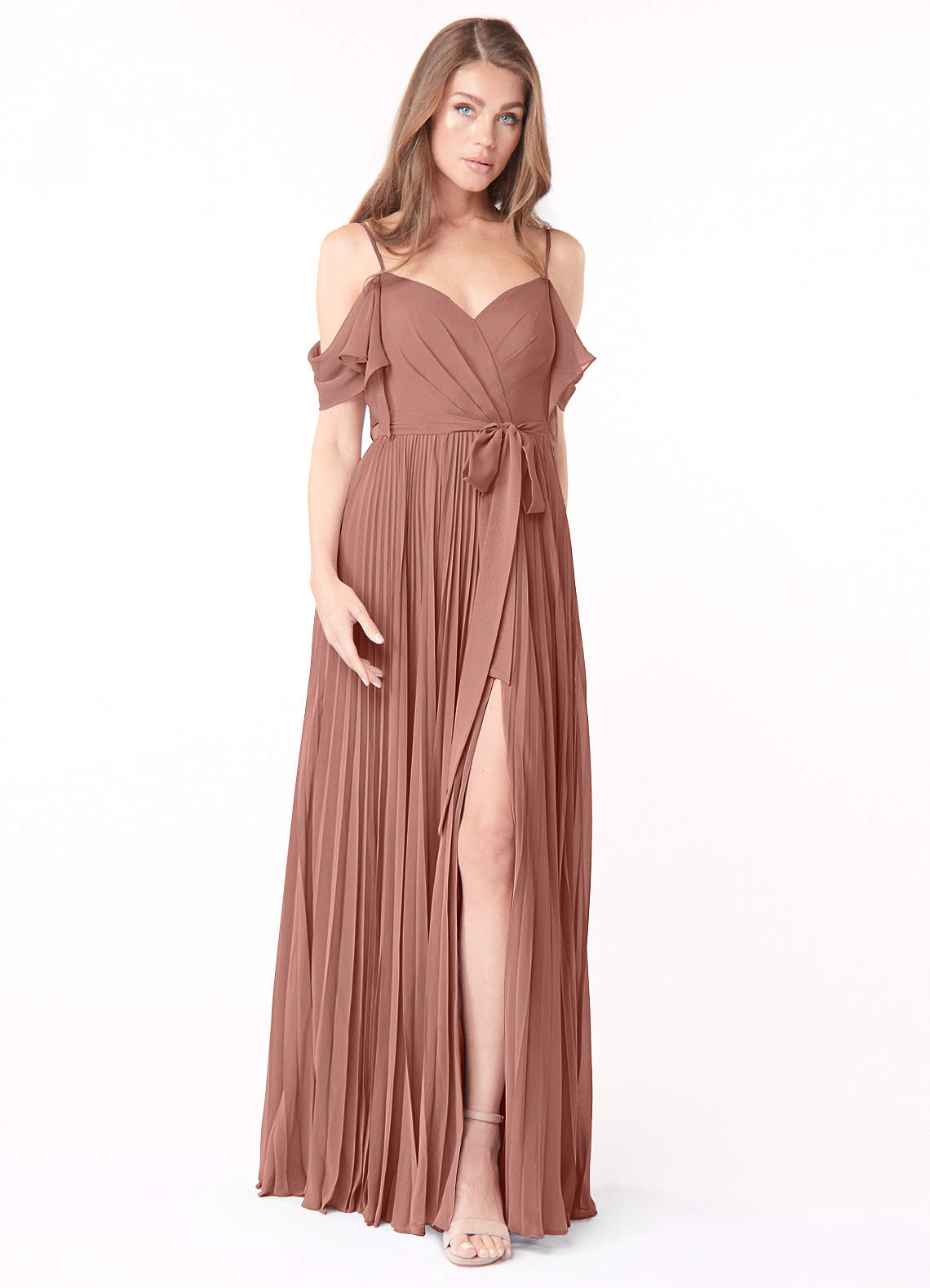 Azazie Lyney Brautjungfernkleider A-Linie Schulterfrei Chiffon Kleid Zedernrose image1