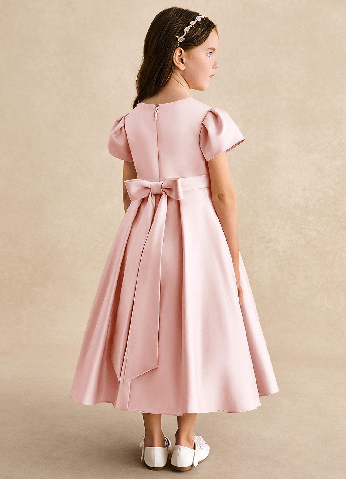 Azazie Princess Flower Girl Dresses Blushing Pink A-Line Pleated Matte Satin Dress image1