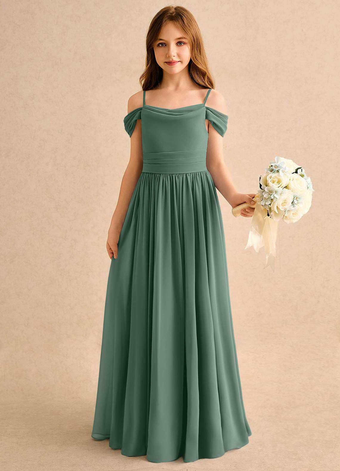Azazie Shia Girls Formal Flower Girl Dresses Eucalyptus A-Line Off the Shoulder Chiffon Dress image3